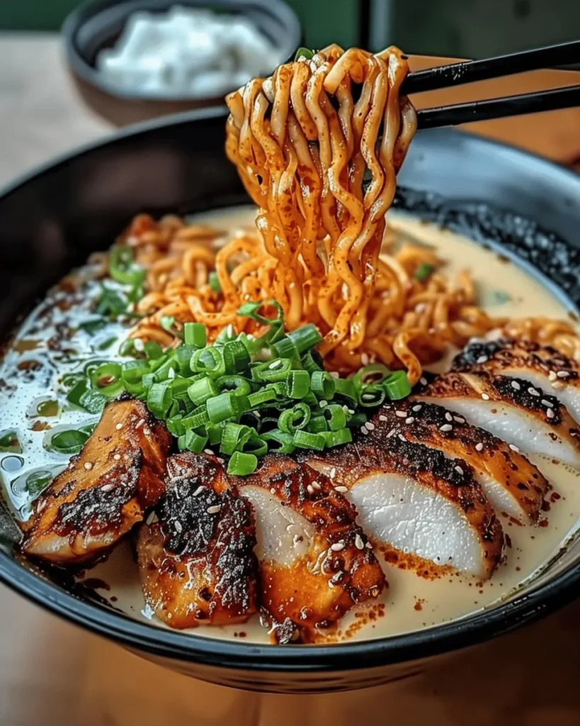 Fiery Chicken Ramen with Creamy Garlic Sauce