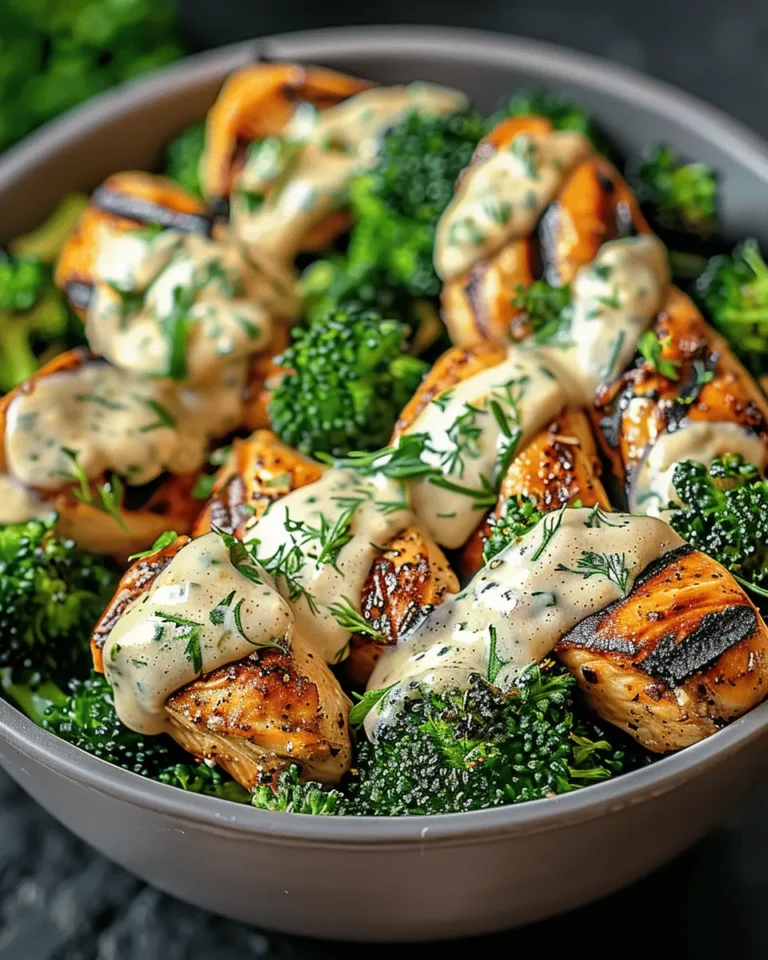 Grilled Chicken & Broccoli Bowls with Creamy Garlic Sauce – Healthy & Flavorful Dinner