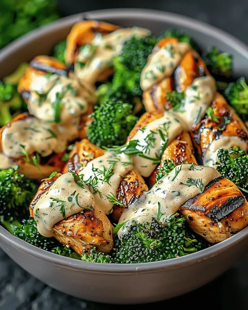 Grilled Chicken & Broccoli Bowls with Creamy Garlic Sauce – Healthy & Flavorful Dinner