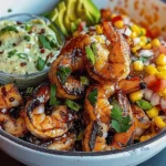 Grilled Shrimp Bowl with Avocado, Corn Salsa & Creamy Sauce