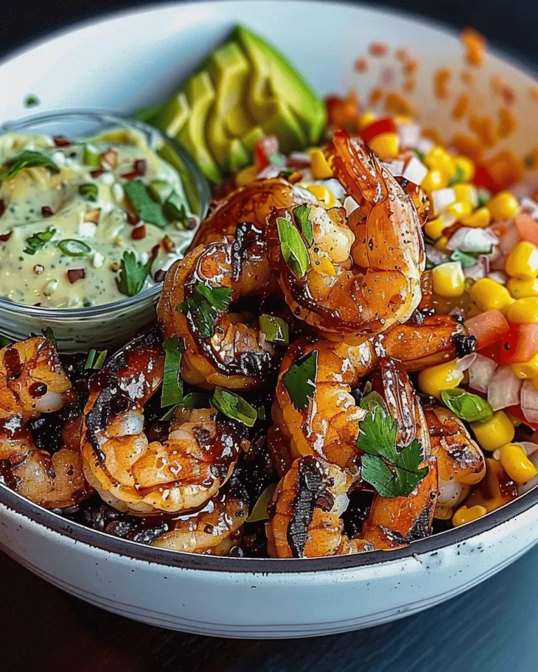 Grilled Shrimp Bowl with Avocado, Corn Salsa & Creamy Sauce