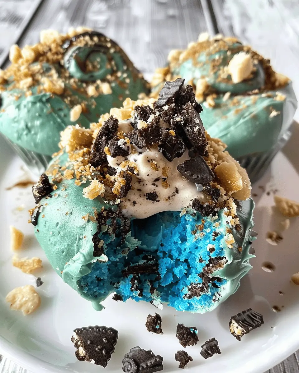 Cookie Monster Cinnamon Rolls: Blue Dough, Cookie Crumbles, and Creamy Sweetness