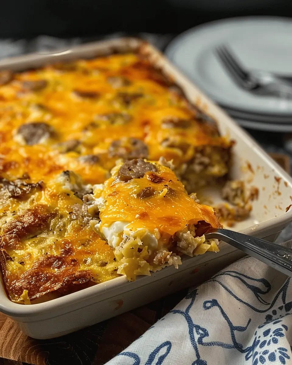 Cheesy Comfort in Every Bite: Sausage, Egg, and Cream Cheese Hashbrown Casserole Recipe