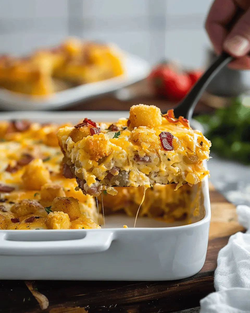 Tater Tot Breakfast Casserole with Turkey Bacon and Chicken Ham