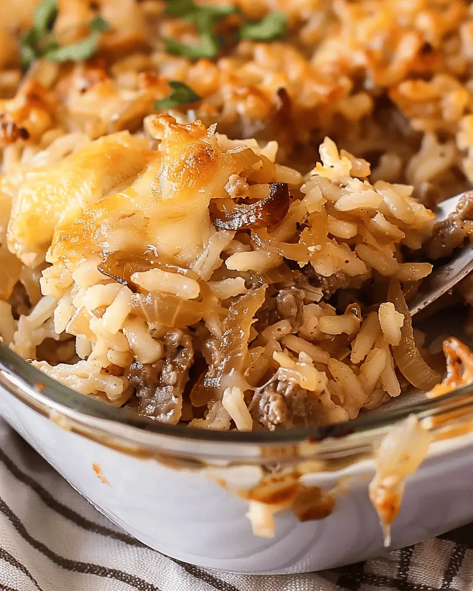 Beefy French Onion Baked Rice Casserole with Turkey Bacon Delight