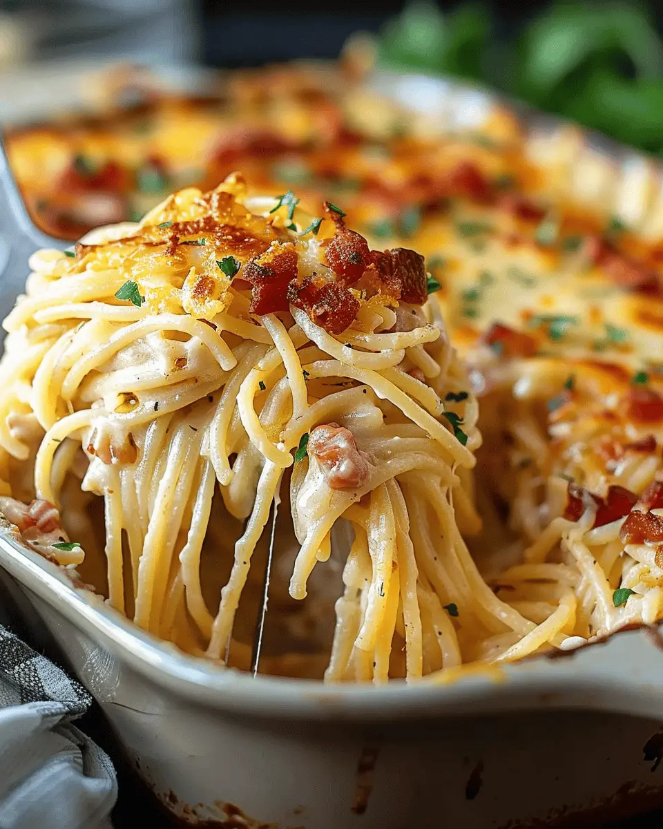 Creamy Southern Spaghetti Bake with Turkey Bacon and Chicken Ham