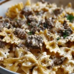 Creamy Parmesan Garlic Beef Bowtie Pasta