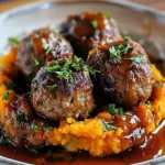 Enjoy Irresistible Pork Meatballs with Sweet Potato Mash & Bourbon-Maple Sauce